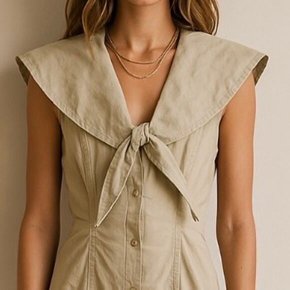 Vintage 90s My Michelle 100% Cotton Khaki Button Down Front Dress - Picture 3 of 11